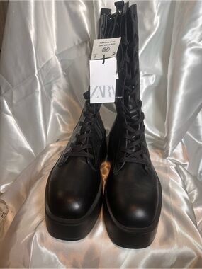 Zara Black Lace-Up Platform Combat Boots